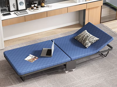 Blue Foldable Bed With Laptop And Magazine In Modern Room With Wooden Cabinet And Carpet 3d model