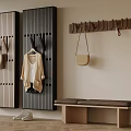 Modern Entryway Bench With Wooden Wall Hooks Hanging Bags And Shoes