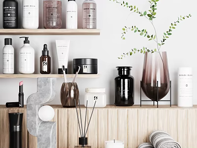 Modern Bathroom Accessories On Shelves With Bottles Jars And Towels 3d model