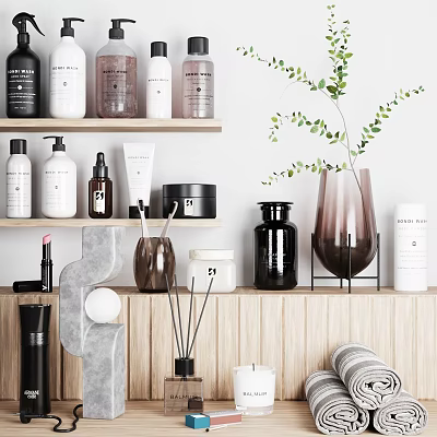 Modern Bathroom Accessories On Shelves With Bottles Jars And Towels 3d model