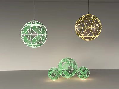 Spherical Geometric Design Pendant Lights in Green and Yellow Hanging Decor 3d model