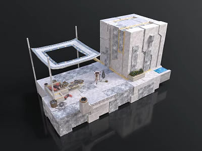 Small Architectural Scene Model With Square Module Framed Structure Platform Table And Plants 3d model