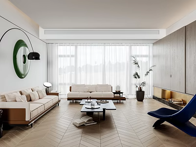 Modern Living Room Interior Design With Beige Sofa Coffee Table Large Windows And Herringbone Floors 3d model
