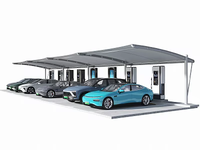 Tensile Membrane Canopy Covering Electric Vehicle Charging Station with Parked Cars 3d model
