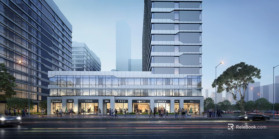 Modern Urban Commercial Complex With Glass Curtain Walls And Ground Floor Shops And Pedestrian Activity 3d model 