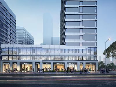 Modern Urban Commercial Complex With Glass Curtain Walls And Ground Floor Shops And Pedestrian Activity 3d model