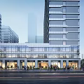 Modern Urban Commercial Complex With Glass Curtain Walls And Ground Floor Shops And Pedestrian Activity