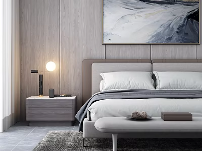 Modern Double Bed Interior With Wooden Wall Nightstand Table Lamp And Bed Bench 3d model