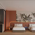 Hotel Room Interior With Twin Beds Orange Accent Wall Tropical Plant Mural And Glass Shower