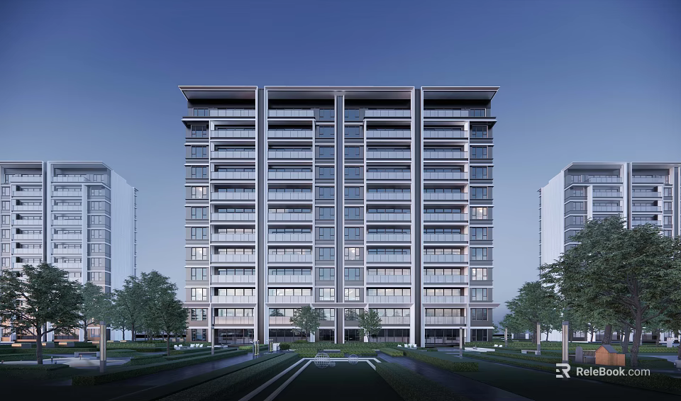 Modern High Rise Residential Building Exterior Design With Greenery And Tree Lined Pathway 3d model 