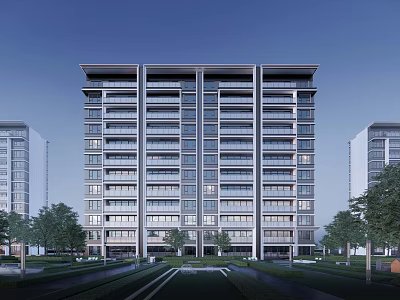 Modern High Rise Residential Building Exterior Design With Greenery And Tree Lined Pathway 3d model