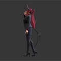 Demon Character In Professional Attire With Red Long Hair Horns Tail Three Views