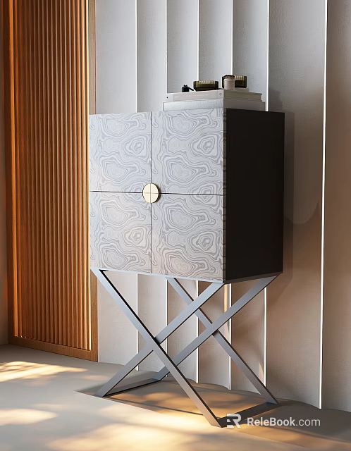 Modern Entryway Console Side Cabinet With Unique Patterned Texture Gold Handle And Metal Base 3d model 