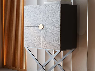 Modern Entryway Console Side Cabinet With Unique Patterned Texture Gold Handle And Metal Base 3d model