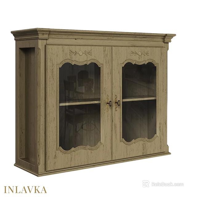 Vintage Wooden Cabinet With Glass Doors And Carved Decorative Rustic Style Storage 3d model 