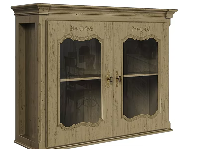 Vintage Wooden Cabinet With Glass Doors And Carved Decorative Rustic Style Storage 3d model