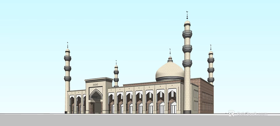 Traditional Islamic Mosque Architecture With Dome Minarets And Arched Entrances 3d model 