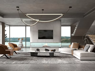 Modern Living Room With Large Windows Lake View Sofa TV Fireplace And Chandelier 3d model
