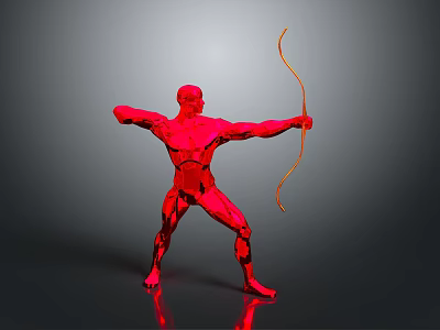 Red Male Figure In Dynamic Bow Holding Pose With Gray Background And Reflective Floor 3d model