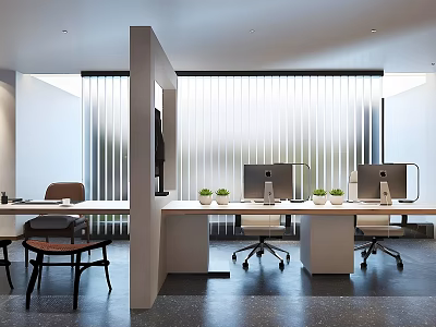 Modern Office Space Interior With Office Desks Computers Plants Ergonomic Chairs And Blinds 3d model