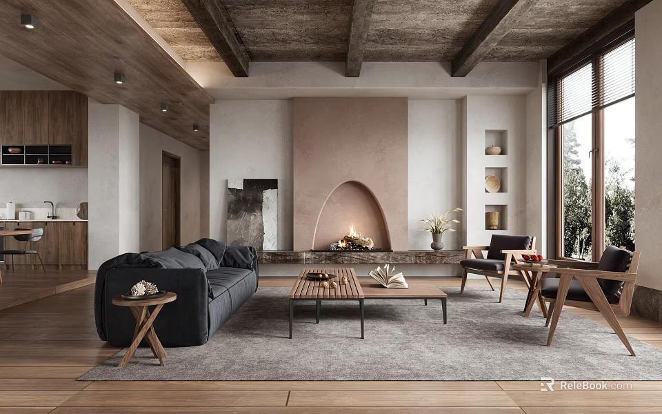 Cozy Modern Living Room Interior With Stone Fireplace Dark Sofa Wooden Coffee Table And Large Windows 3d model 