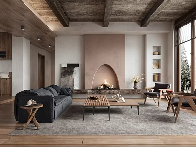 Cozy Modern Living Room Interior With Stone Fireplace Dark Sofa Wooden Coffee Table And Large Windows 3d model