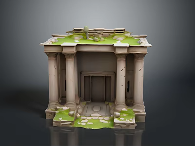 Ancient Stone Ruins Scenery With Tall Columns Broken Roof Green Plants And Mossy Stone Slabs 3d model