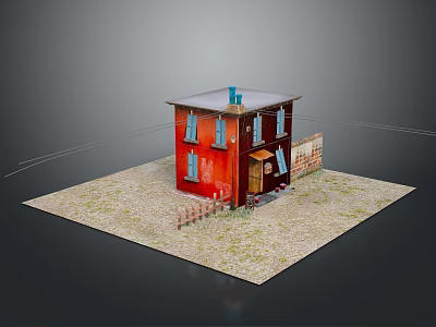 Red Two Story House With Blue Windows White Roof And Wooden Fence On Gravel Ground 3d model