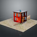 Red Two Story House With Blue Windows White Roof And Wooden Fence On Gravel Ground