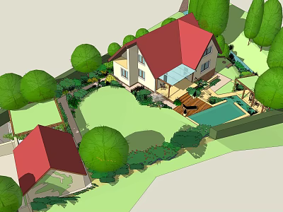 Detached Villa With Red Roof Green Trees Lawn And Swimming Pool Garden 3d model