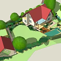 Detached Villa With Red Roof Green Trees Lawn And Swimming Pool Garden