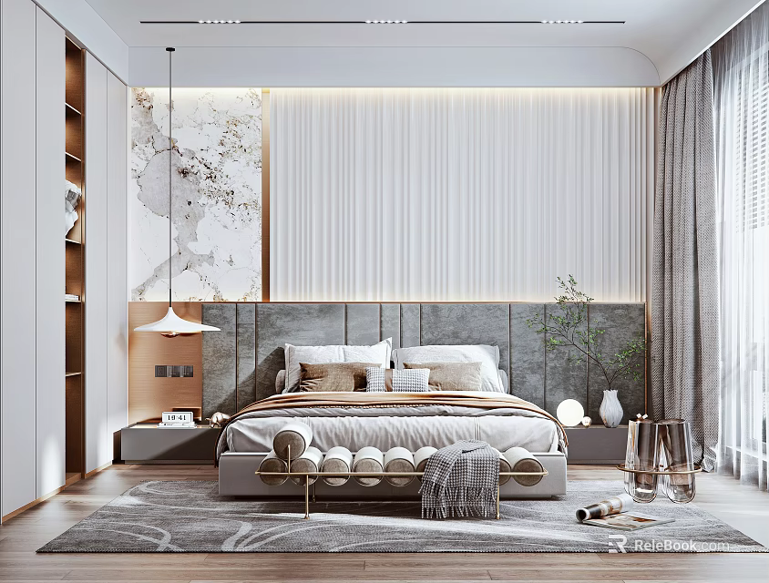 Modern Bedroom Interior With Gray Headboard Textured Wall Pendant Light Curtains And Area Rug 3d model 