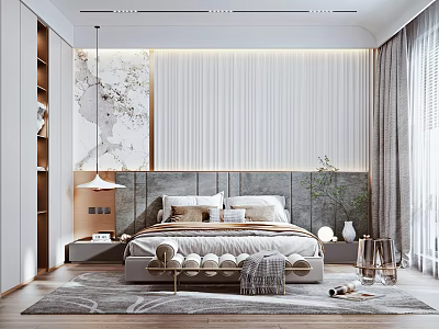Modern Bedroom Interior With Gray Headboard Textured Wall Pendant Light Curtains And Area Rug 3d model