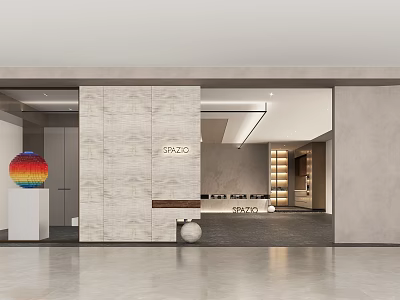 Modern Exhibition Hall Interior With Stone Wall Rainbow Sculpture And Lighting Design 3d model