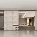 Modern Exhibition Hall Interior With Stone Wall Rainbow Sculpture And Lighting Design