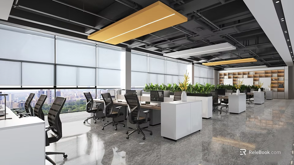Spacious Open Public Office Space With Ergonomic Chairs Desks Large Windows And Green Plants 3d model 