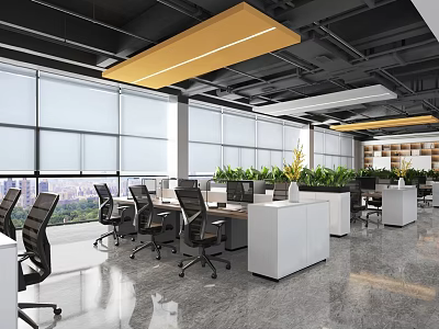 Spacious Open Public Office Space With Ergonomic Chairs Desks Large Windows And Green Plants 3d model