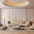 Modern Living Room Interior With Round Ceiling Light Textured TV Wall And Beige Armchairs