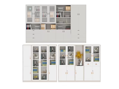 Modern White Bookcase Design With Multiple Shelves Drawers Glass Doors And Decorative Books 3d model