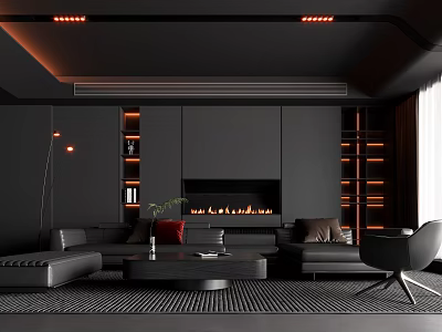 Modern Black Living Room Interior Design With Sofa Coffee Table Fireplace And LED Strip Lights 3d model