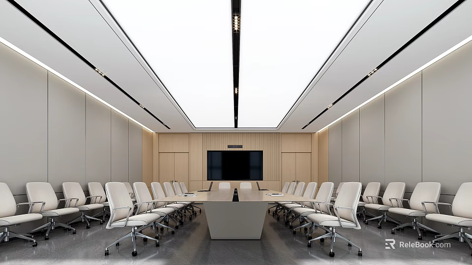 Modern Conference Room Interior Design With Long Table White Chairs And Large Screen 3d model 