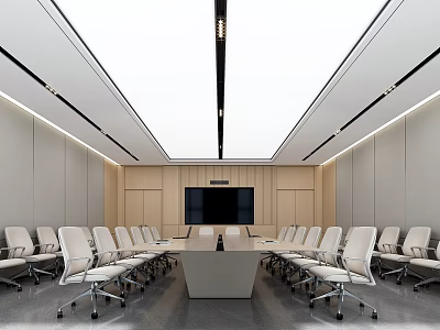 Modern Conference Room Interior Design With Long Table White Chairs And Large Screen 3d model