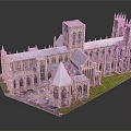Ancient Historic Building Model with Gothic Spires Arched Windows Stone Towers Green Lawn Detailed Design