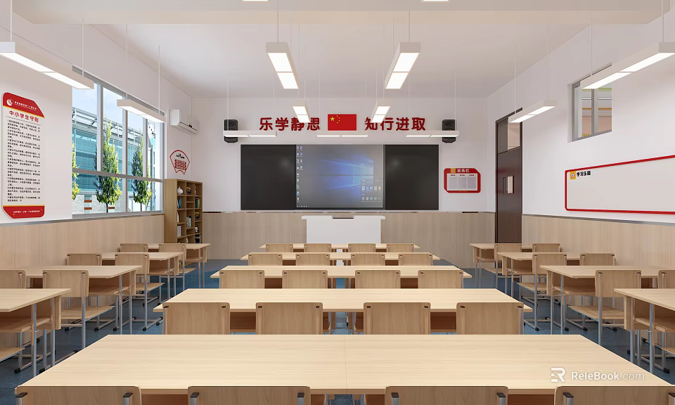 Bright School Classroom With Desks Chairs Blackboard Projection Screen And Windows For Effective Learning Environment 3d model 