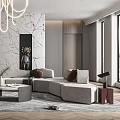 Modern Living Room Interior Design With Chandelier Marble Wall Sofa Area Rug And Green Plant