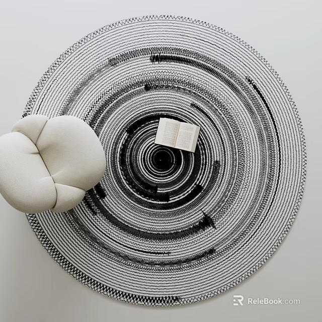 Black and White Round Rug With Concentric Circle Pattern White Round Cushion and Open Book 3d model