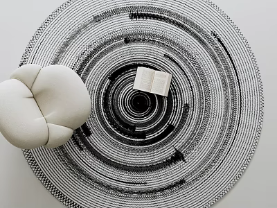Black and White Round Rug With Concentric Circle Pattern White Round Cushion and Open Book 3d model