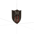 Ornate Metal Shield With Intricate Carved Mask Design And Red Stripes