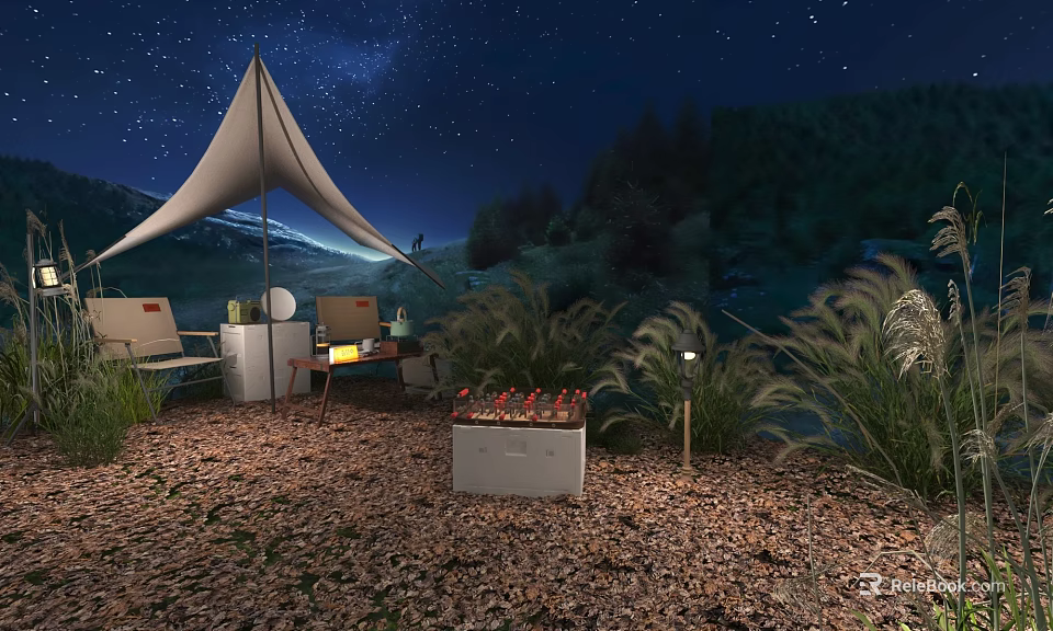 Starry Night Outdoor Garden With White Tent Campfire And Mountain View 3d model 