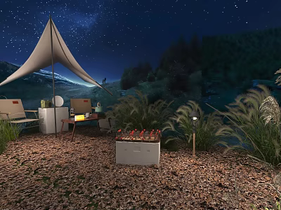 Starry Night Outdoor Garden With White Tent Campfire And Mountain View 3d model